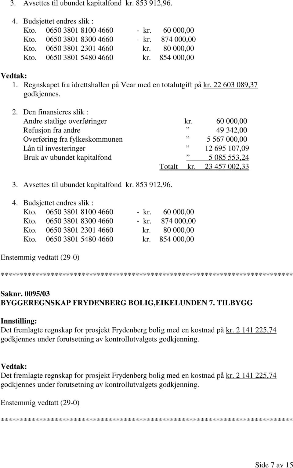 60 000,00 Refusjon fra andre 49 342,00 Overføring fra fylkeskommunen 5 567 000,00 Lån til investeringer 12 695 107,09 Bruk av ubundet kapitalfond 5 085 553,24 Totalt kr. 23 457 002,33  80 000,00 Kto.