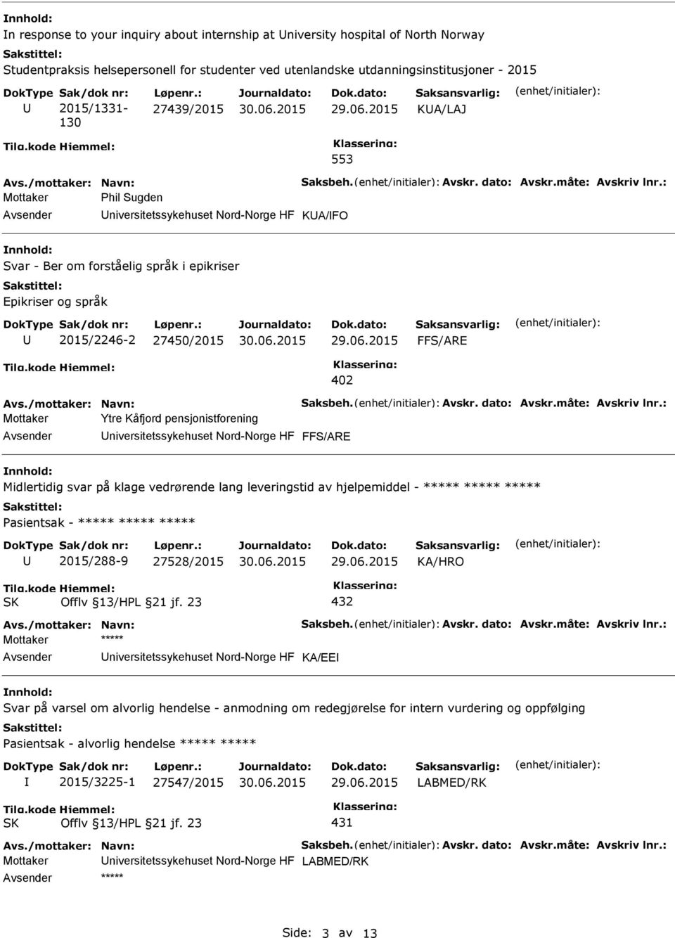 : 27439/2015 KA/LAJ 553 Mottaker Phil Sugden niversitetssykehuset Nord-Norge HF KA/FO Svar - Ber om forståelig språk i epikriser Epikriser og språk 2015/2246-2 27450/2015 FFS/ARE 402 Mottaker Ytre