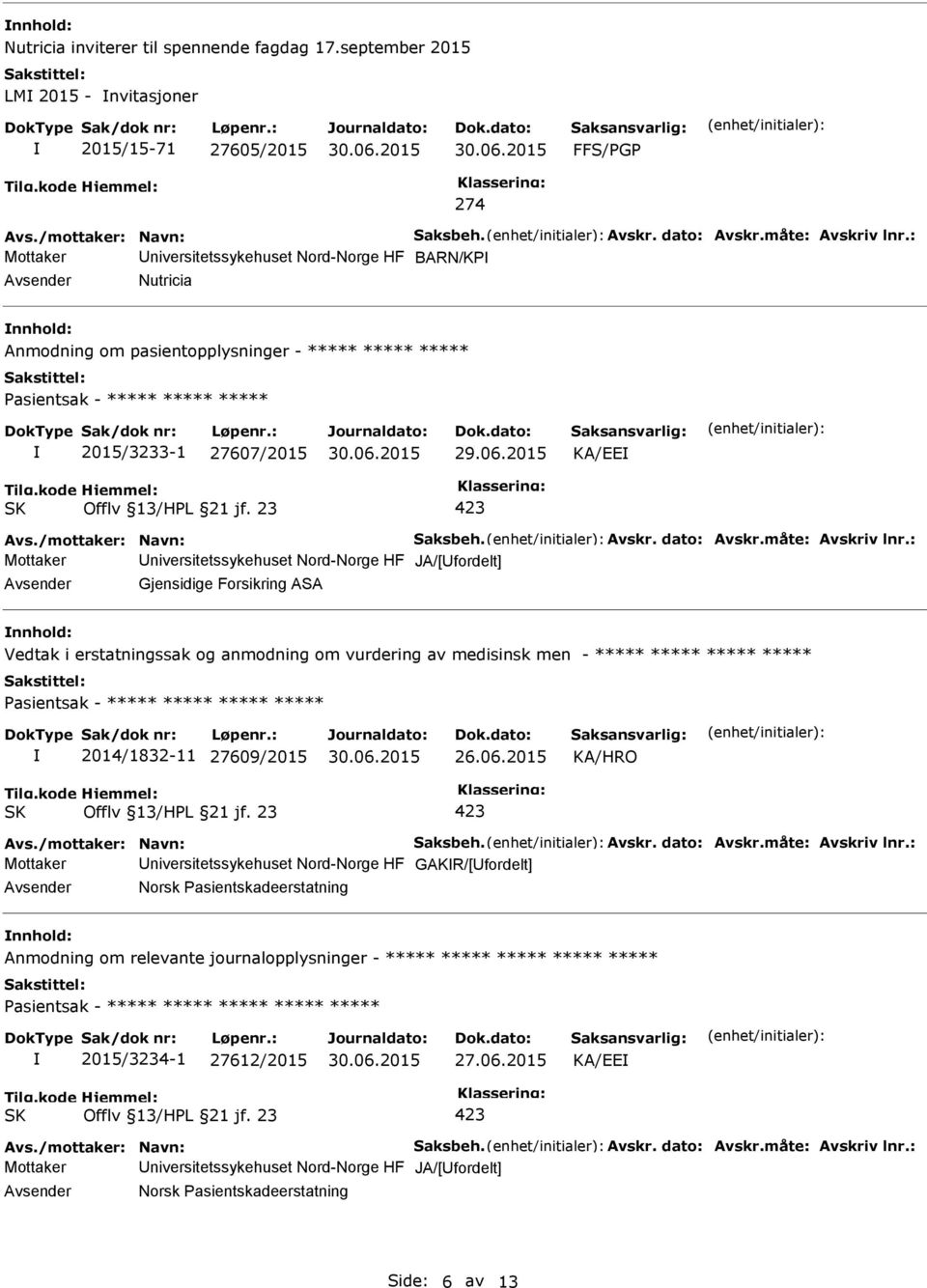 2015/3233-1 27607/2015 KA/EE Mottaker niversitetssykehuset Nord-Norge HF JA/[fordelt] Gjensidige Forsikring ASA Vedtak i erstatningssak og anmodning om vurdering av medisinsk men - ***** *****