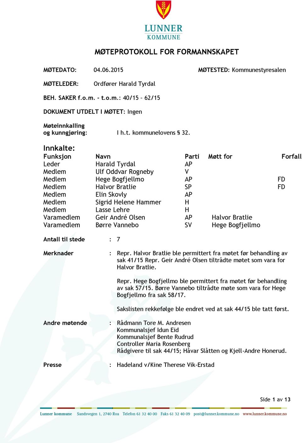 Innkalte: Funksjon Navn Parti Møtt for Forfall Leder Harald Tyrdal AP Medlem Ulf Oddvar Rogneby V Medlem Hege Bogfjellmo AP FD Medlem Halvor Bratlie SP FD Medlem Elin Skovly AP Medlem Sigrid Helene