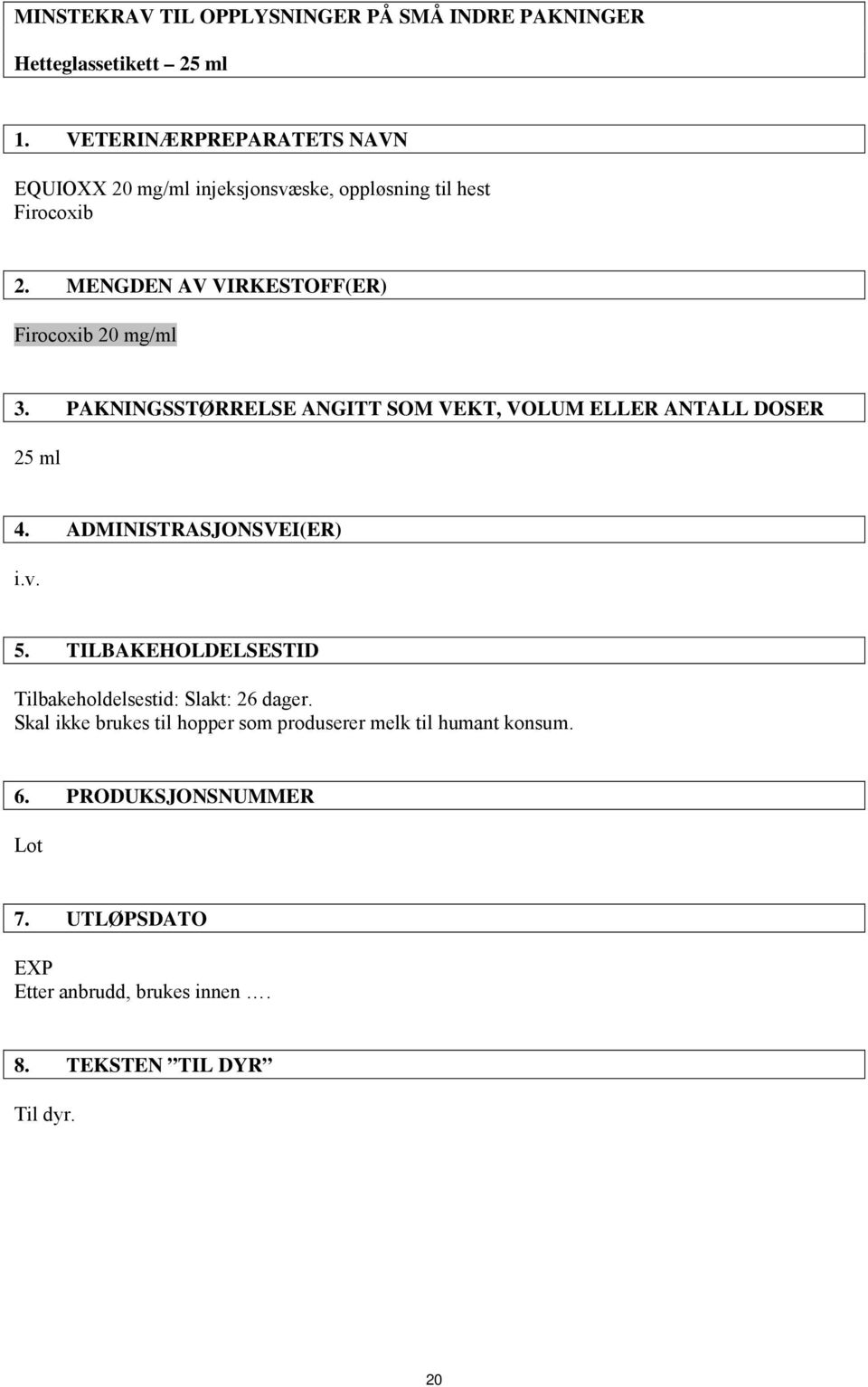 MENGDEN AV VIRKESTOFF(ER) Firocoxib 20 mg/ml 3. PAKNINGSSTØRRELSE ANGITT SOM VEKT, VOLUM ELLER ANTALL DOSER 25 ml 4.
