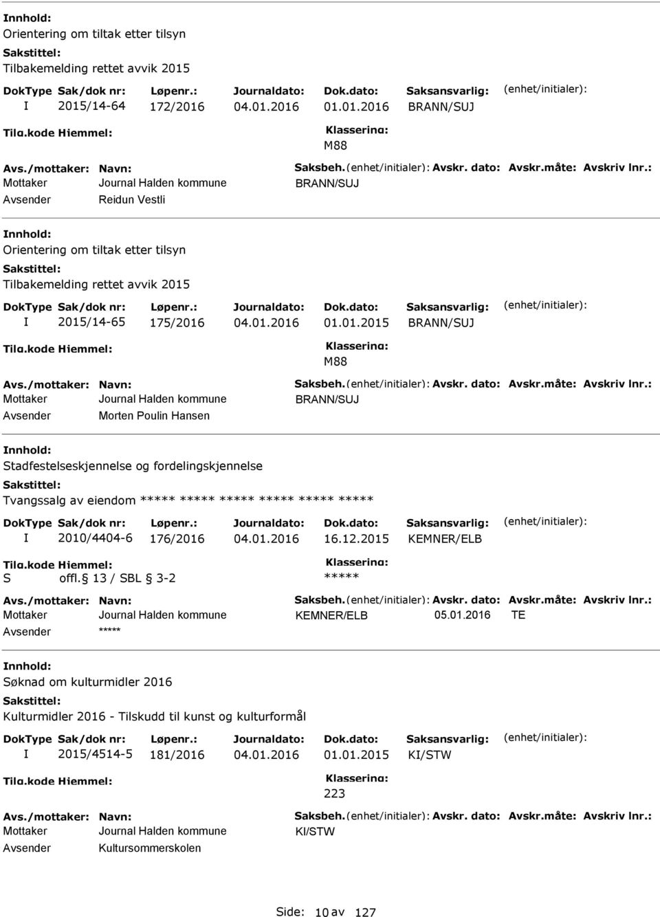 dato: Avskr.måte: Avskriv lnr.: BRANN/SUJ Avsender Morten oulin Hansen nnhold: Stadfestelseskjennelse og fordelingskjennelse Tvangssalg av eiendom 2010/4404-6 176/2016 16.12.2015 KEMNER/ELB S offl.