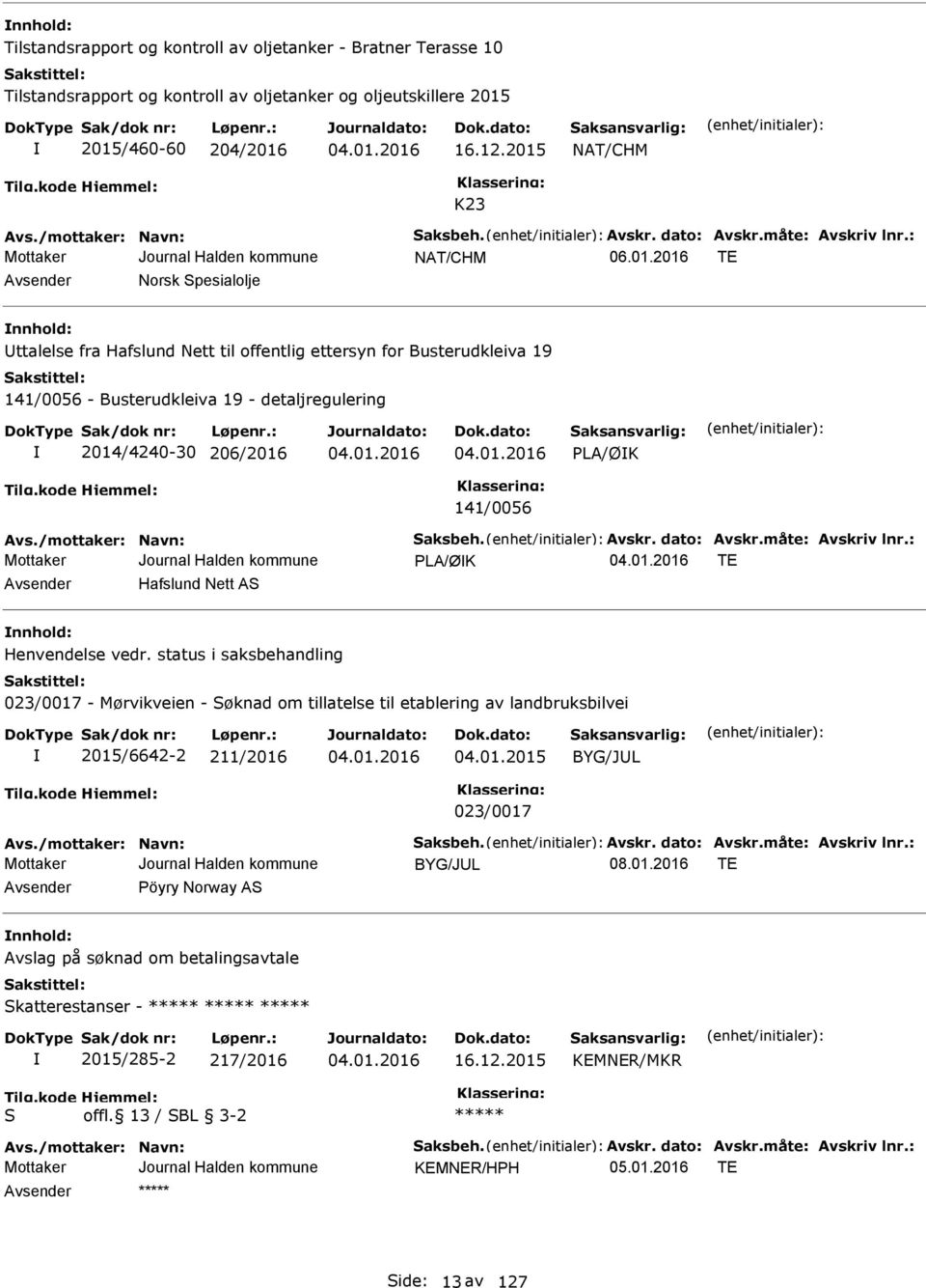 : NAT/CHM TE Avsender Norsk Spesialolje nnhold: Uttalelse fra Hafslund Nett til offentlig ettersyn for Busterudkleiva 19 141/0056 - Busterudkleiva 19 - detaljregulering 2014/4240-30 206/2016 LA/ØK