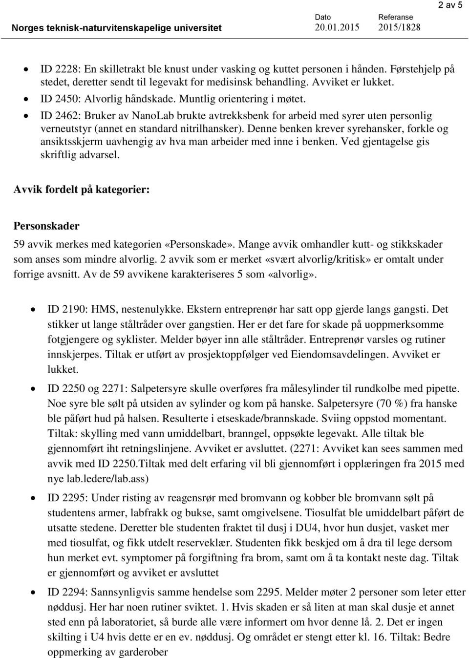 ID 2462: Bruker av NanoLab brukte avtrekksbenk for arbeid med syrer uten personlig verneutstyr (annet en standard nitrilhansker).