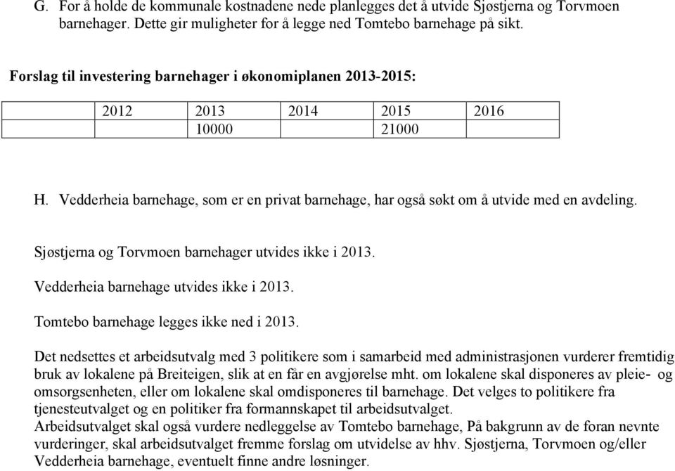 Sjøstjerna og Torvmoen barnehager utvides ikke i 2013. Vedderheia barnehage utvides ikke i 2013. Tomtebo barnehage legges ikke ned i 2013.