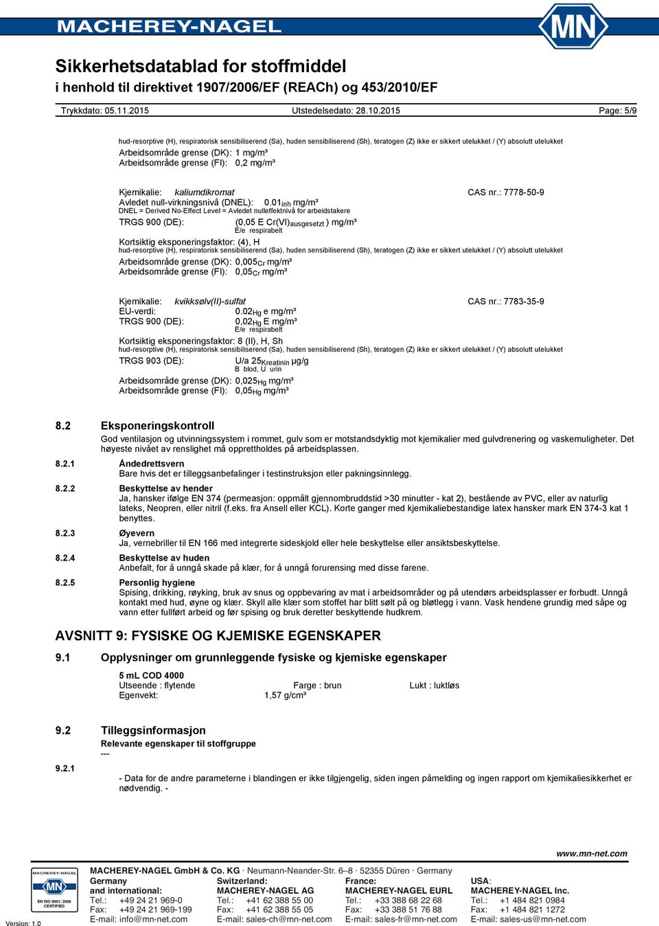 01 inh mg/m³ DNEL = Derived No-Effect Level = Avledet nulleffektnivå for arbeidstakere TRGS 900 (DE): (0,05 E Cr(VI) ausgesetzt ) mg/m³ E/e respirabelt Kortsiktig eksponeringsfaktor: (4), H