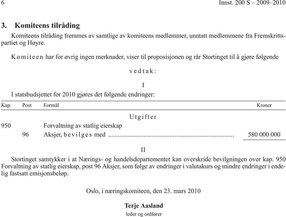 Post Formål Kroner Utgifter 950 Forvaltning av statlig eierskap 96 Aksjer, b e v i l g e s med.