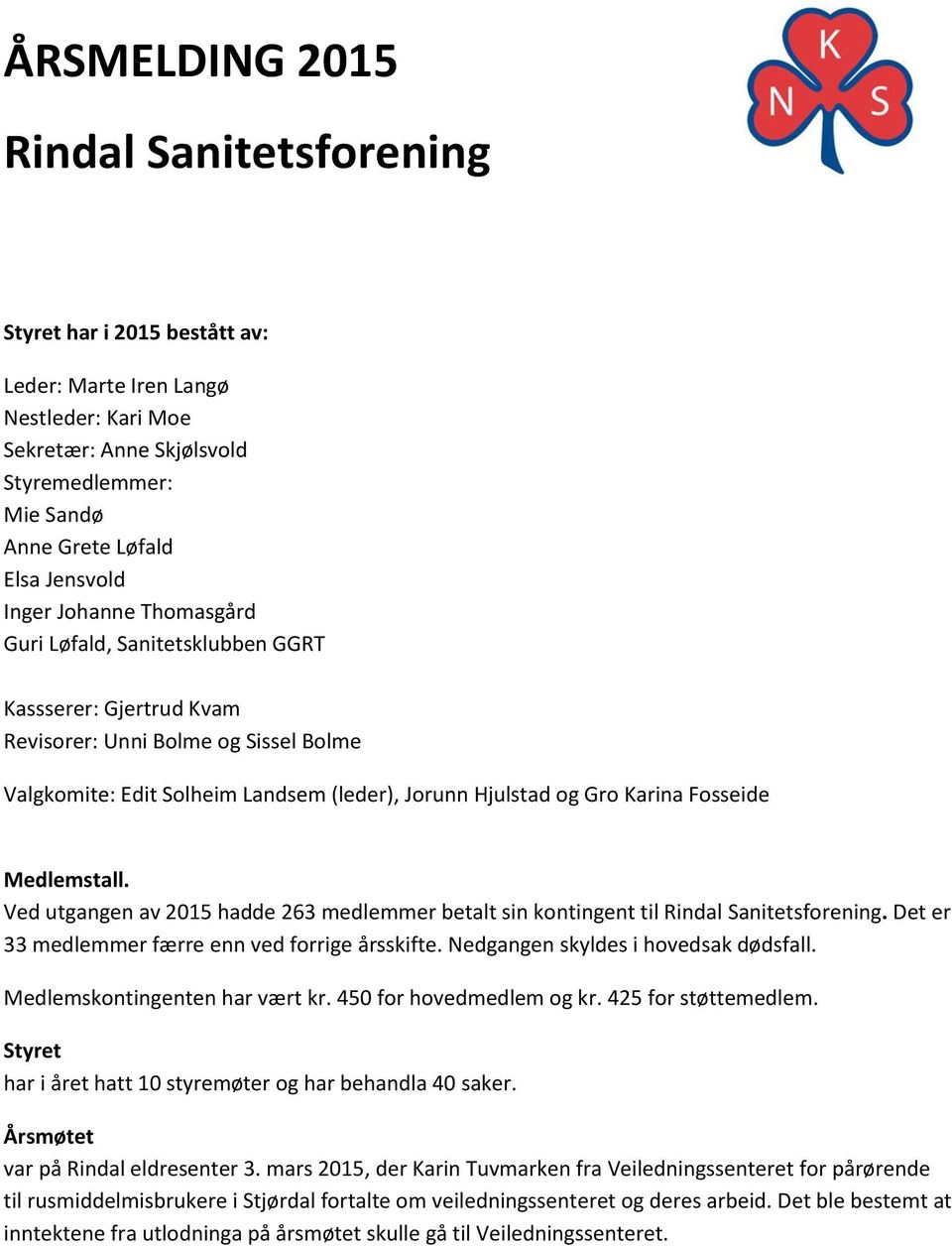 Fosseide Medlemstall. Ved utgangen av 2015 hadde 263 medlemmer betalt sin kontingent til Rindal Sanitetsforening. Det er 33 medlemmer færre enn ved forrige årsskifte.