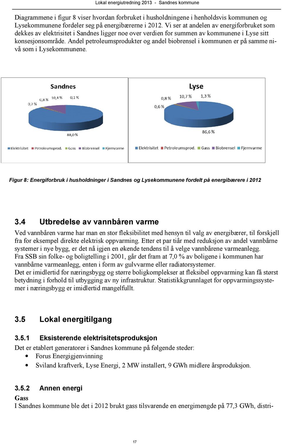 Andel petroleumsprodukter og andel biobrensel i kommunen er på samme nivå som i Lysekommunene. Figur 8: Energiforbruk i husholdninger i Sandnes og Lysekommunene fordelt på energibærere i 2012 3.