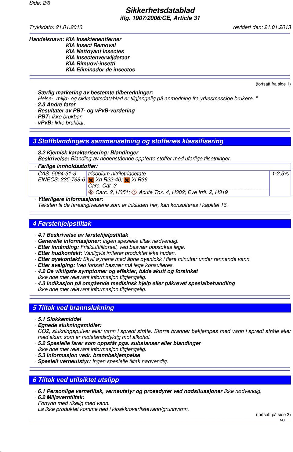 2 Kjemisk karakterisering: Blandinger Beskrivelse: Blanding av nedenstående oppførte stoffer med ufarlige tilsetninger.