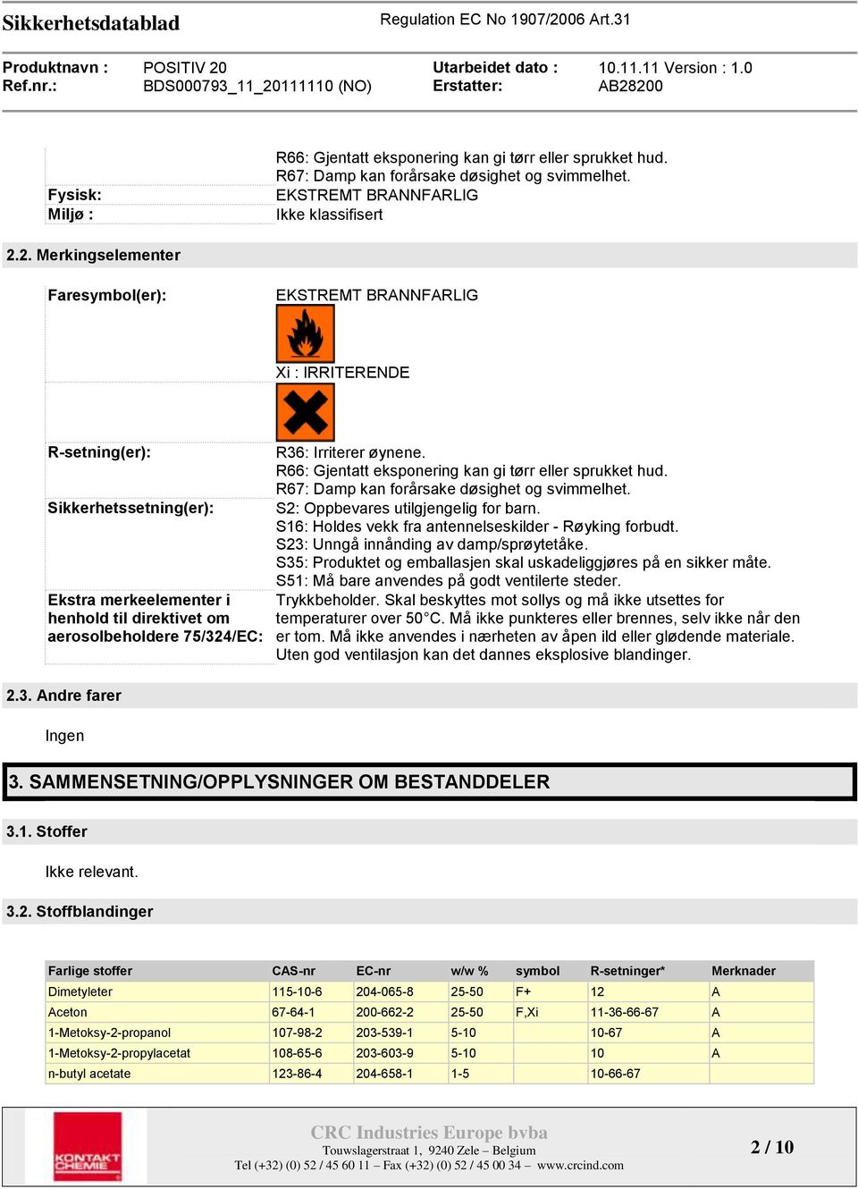 4/EC: 2.3. Andre farer Ingen R36: Irriterer øynene. R66: Gjentatt eksponering kan gi tørr eller sprukket hud. R67: Damp kan forårsake døsighet og svimmelhet. S2: Oppbevares utilgjengelig for barn.