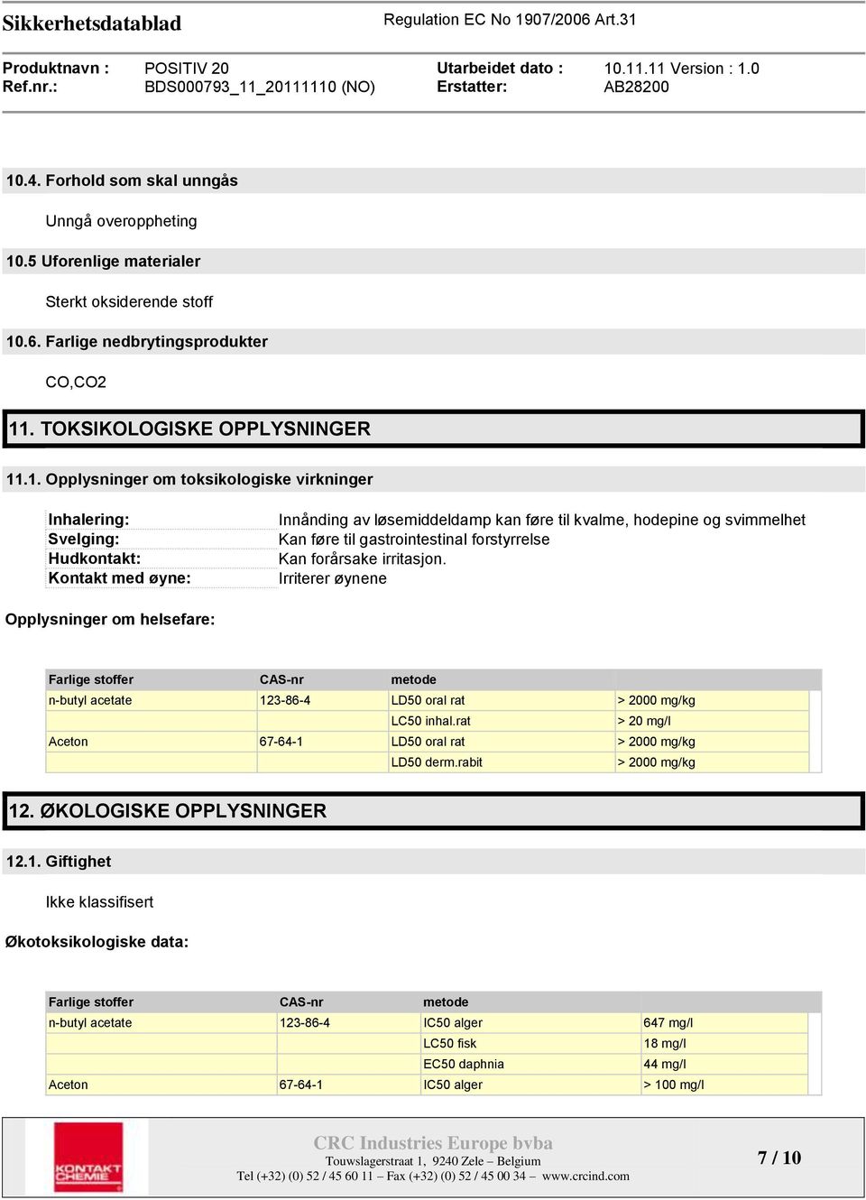 forårsake irritasjon. Irriterer øynene Opplysninger om helsefare: Farlige stoffer CAS-nr metode n-butyl acetate 123-86-4 LD50 oral rat > 2000 mg/kg LC50 inhal.