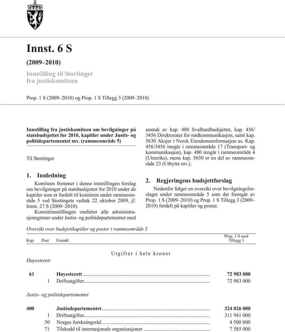 Innledning Komiteen fremmer i denne innstillingen forslag om bevilgninger på statsbudsjettet for 2010 under de kapitler som er fordelt til komiteen under rammeområde 5 ved Stortingets vedtak 22.