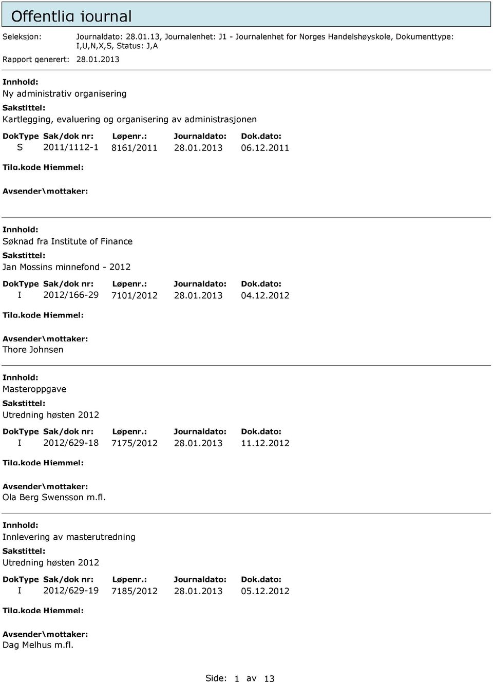 evaluering og organisering av administrasjonen 2011/1112-1 8161/2011 06.12.2011 nnhold: øknad fra nstitute of Finance Jan Mossins minnefond - 2012 2012/166-29 7101/2012 04.