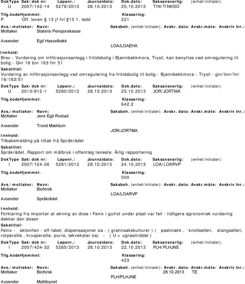 2013 TIN/TINKSO Mottaker Statens Pensjonskasse Avsender Egil Hasselbakk LOA/LOAEHA Brev - Vurdering om infiltrasjonsanlegg i fritidsbolig i Bjønnbekkmora, Trysil, kan benyttes ved omregulering til