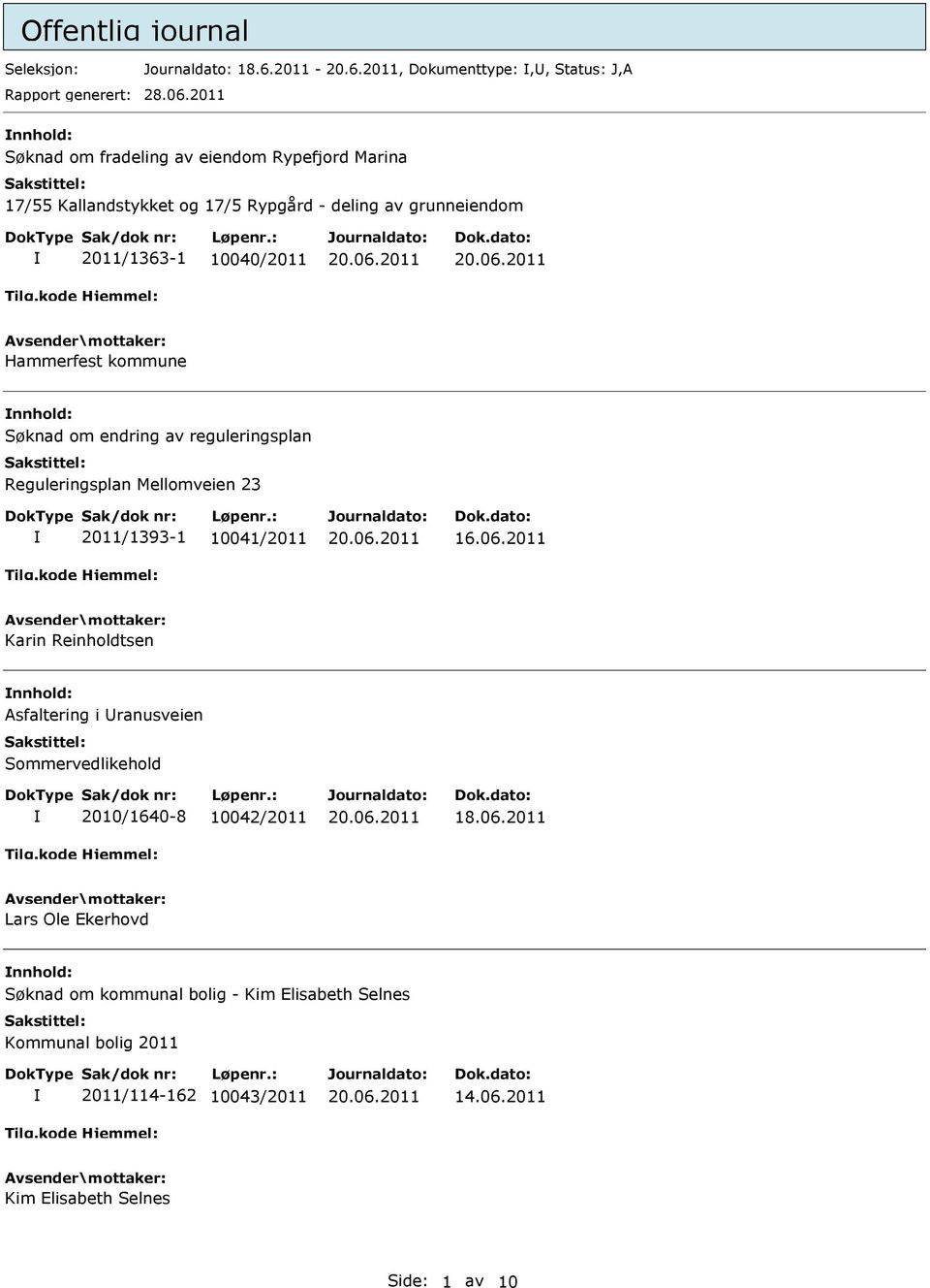 kommune nnhold: Søknad om endring av reguleringsplan Reguleringsplan Mellomveien 23 2011/1393-1 10041/2011 16.06.