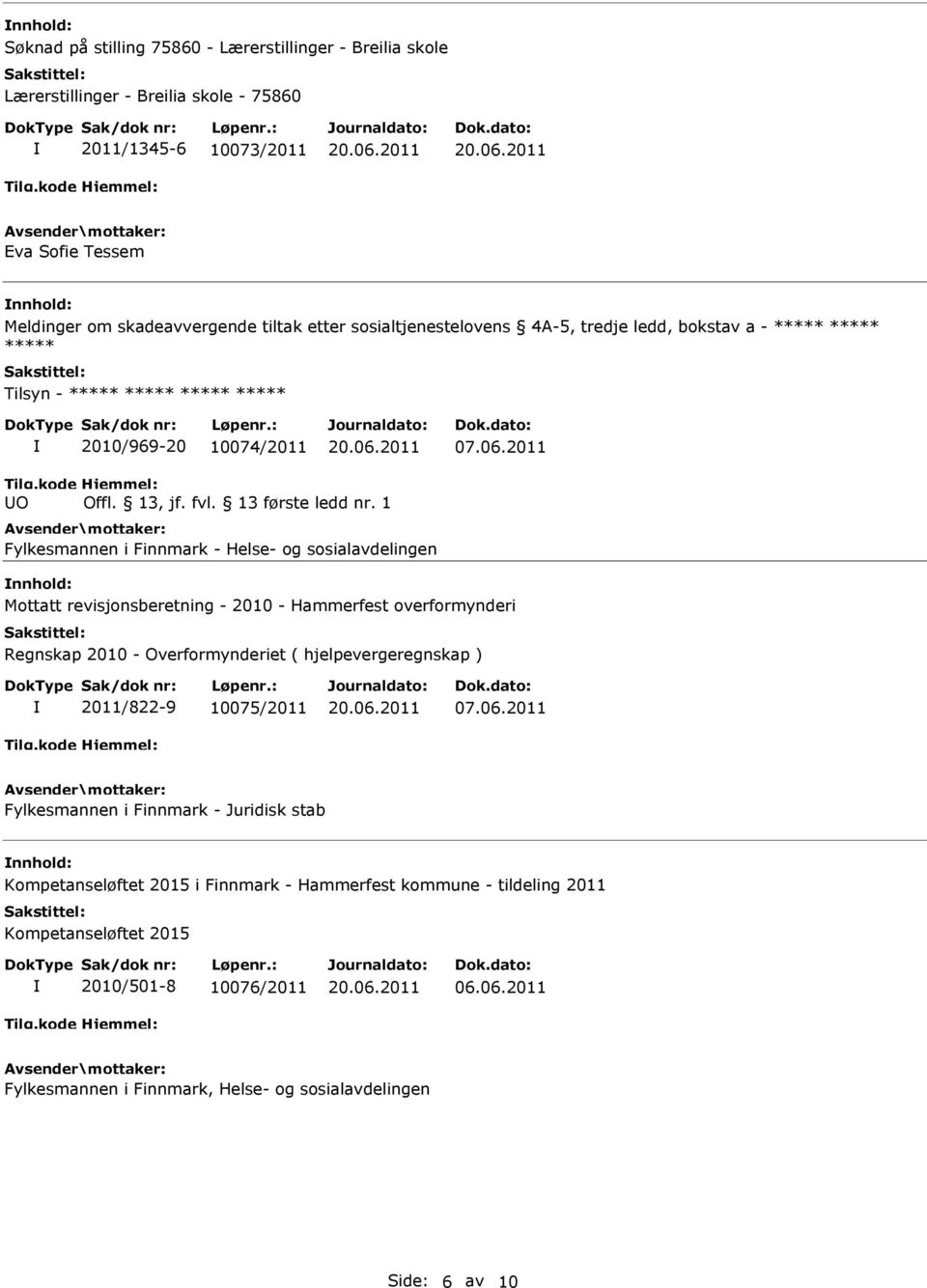 2011 UO Fylkesmannen i Finnmark - Helse- og sosialavdelingen nnhold: Mottatt revisjonsberetning - 2010 - Hammerfest overformynderi Regnskap 2010 - Overformynderiet ( hjelpevergeregnskap
