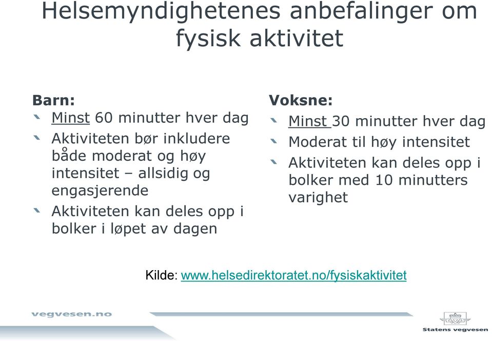 bolker i løpet av dagen Voksne: Minst 30 minutter hver dag Moderat til høy intensitet Aktiviteten