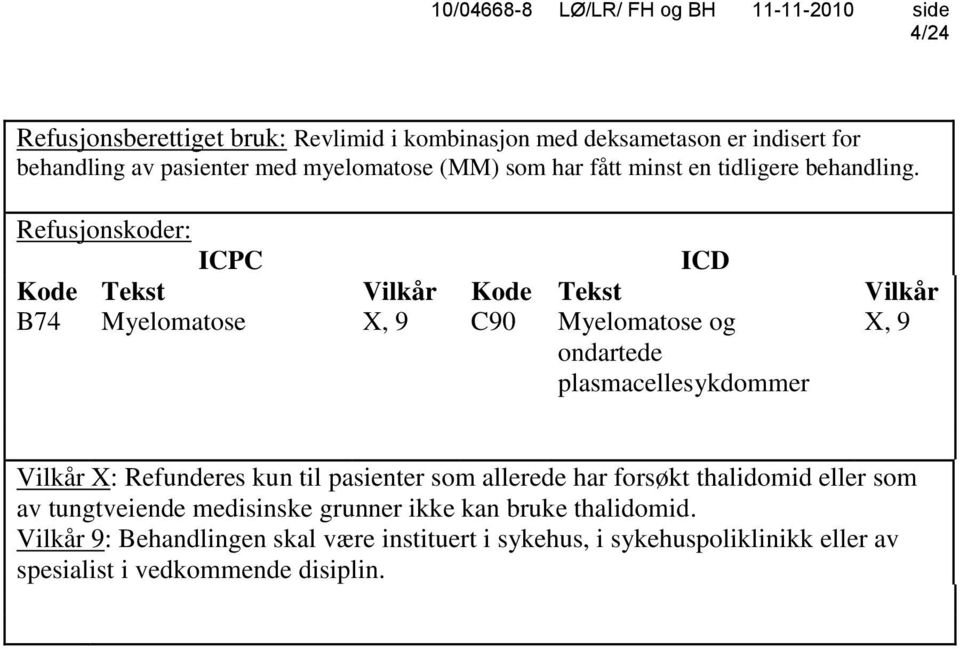 Refusjonskoder: ICPC ICD Kode Tekst Vilkår Kode Tekst Vilkår B74 Myelomatose X, 9 C90 Myelomatose og ondartede plasmacellesykdommer X, 9 Vilkår