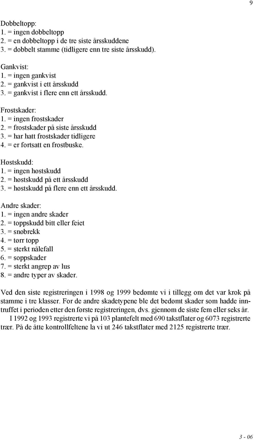 = ingen høstskudd 2. = høstskudd på ett årsskudd 3. = høstskudd på flere enn ett årsskudd. Andre skader: 1. = ingen andre skader 2. = toppskudd bitt eller feiet 3. = snøbrekk 4. = tørr topp 5.