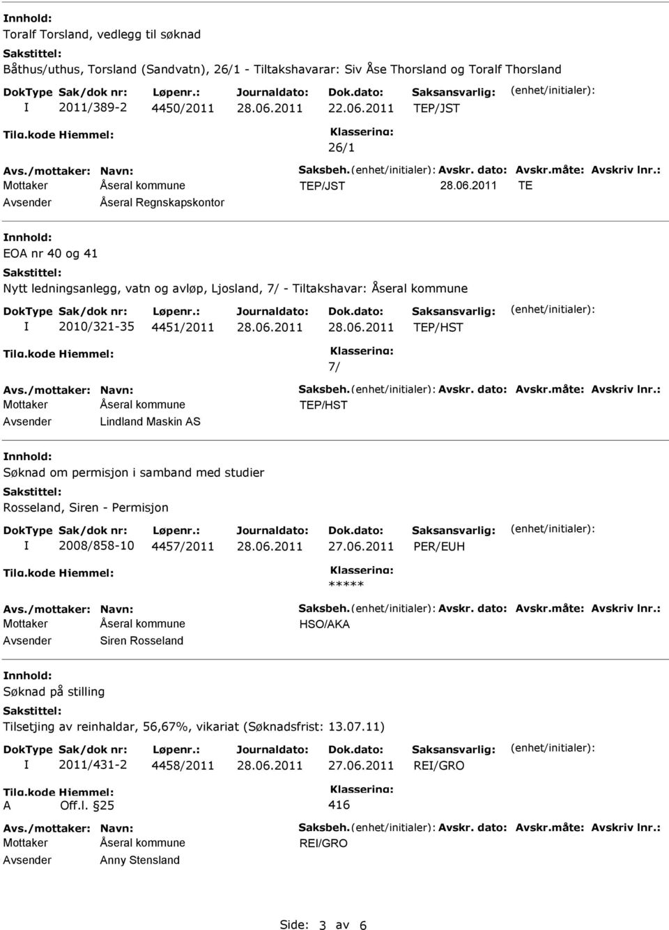 2011 26/1 TE Åseral Regnskapskontor EOA nr 40 og 41 Nytt ledningsanlegg, vatn og avløp, Ljosland, 7/ - Tiltakshavar: 2010/321-35 4451/2011 7/ Lindland