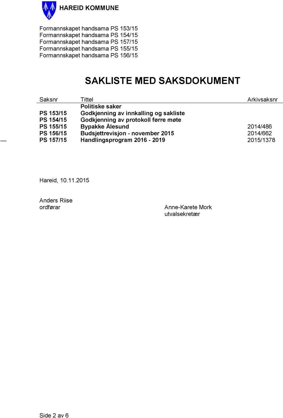 innkalling og sakliste PS 154/15 Godkjenning av protokoll førre møte PS 155/15 Bypakke Ålesund 2014/486 PS 156/15 Budsjettrevisjon -