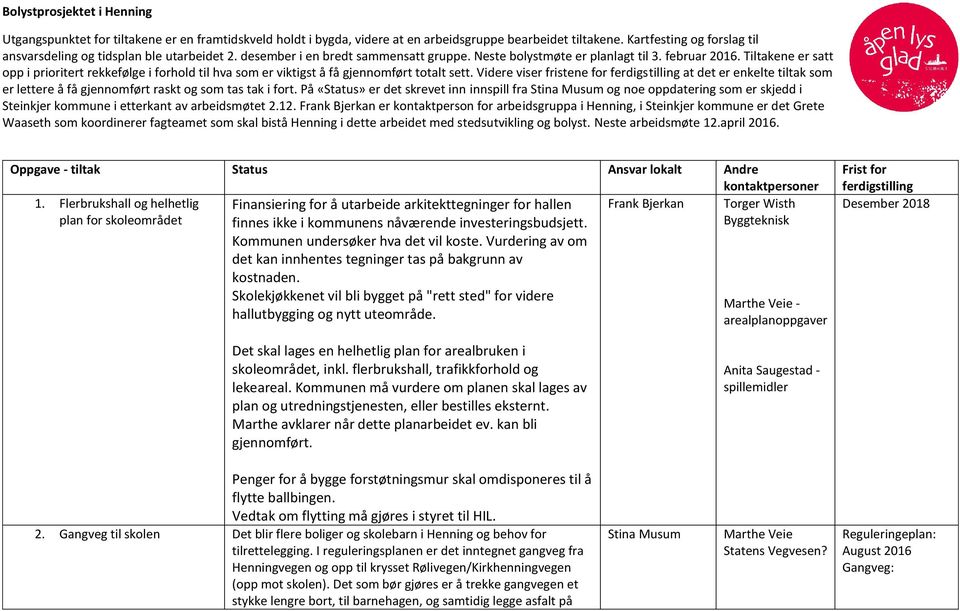 Tiltakene er satt opp i prioritert rekkefølge i forhold til hva som er viktigst å få gjennomført totalt sett.