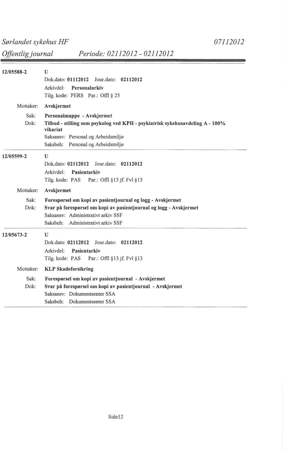 Fvl 13 Forespørsel om kopi av pasientjournal og logg- Svar på forespørsel om kopi av pasientjournal og logg- Saksansv: Administrativt arkiv SSF Administrativt arkiv