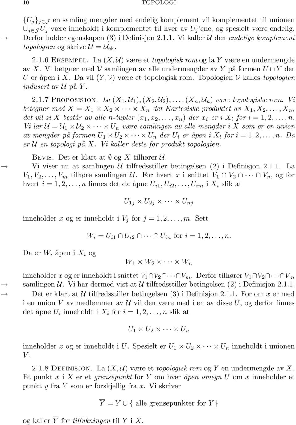 Vi betgner med V samlingen av alle undermengder av Y på formen U Y der U er åpen i X. Da vil (Y, V) være et topologisk rom. Topologien V kalles topologien indusert av U på Y. 2.1.7 Proposisjon.