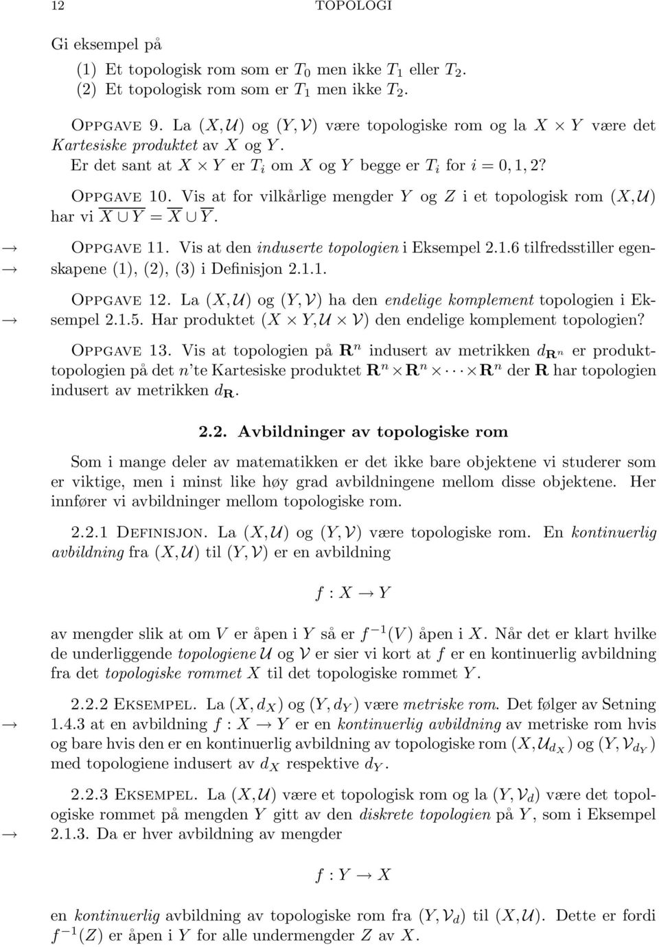 Vis at for vilkårlige mengder Y og Z i et topologisk rom (X, U) har vi X Y = X Y. Oppgave 11. Vis at den induserte topologien i Eksempel 2.1.6 tilfredsstiller egenskapene (1), (2), (3) i Definisjon 2.