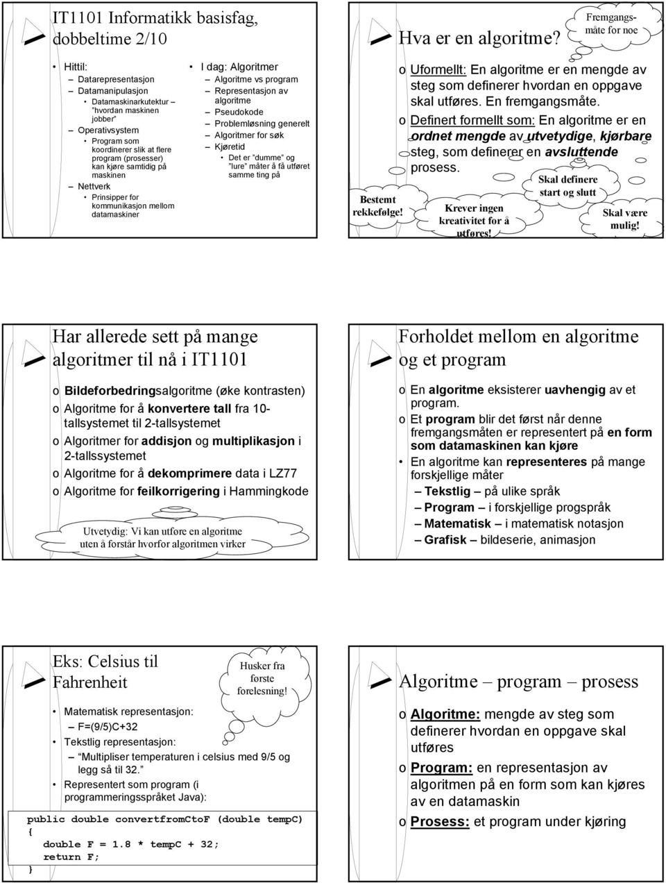 samtidig på maskinen Nettverk Prinsipper for kommunikasjon mellom datamaskiner I dag: Algoritmer Algoritme vs program Representasjon av algoritme Pseudokode Problemløsning generelt Algoritmer for søk