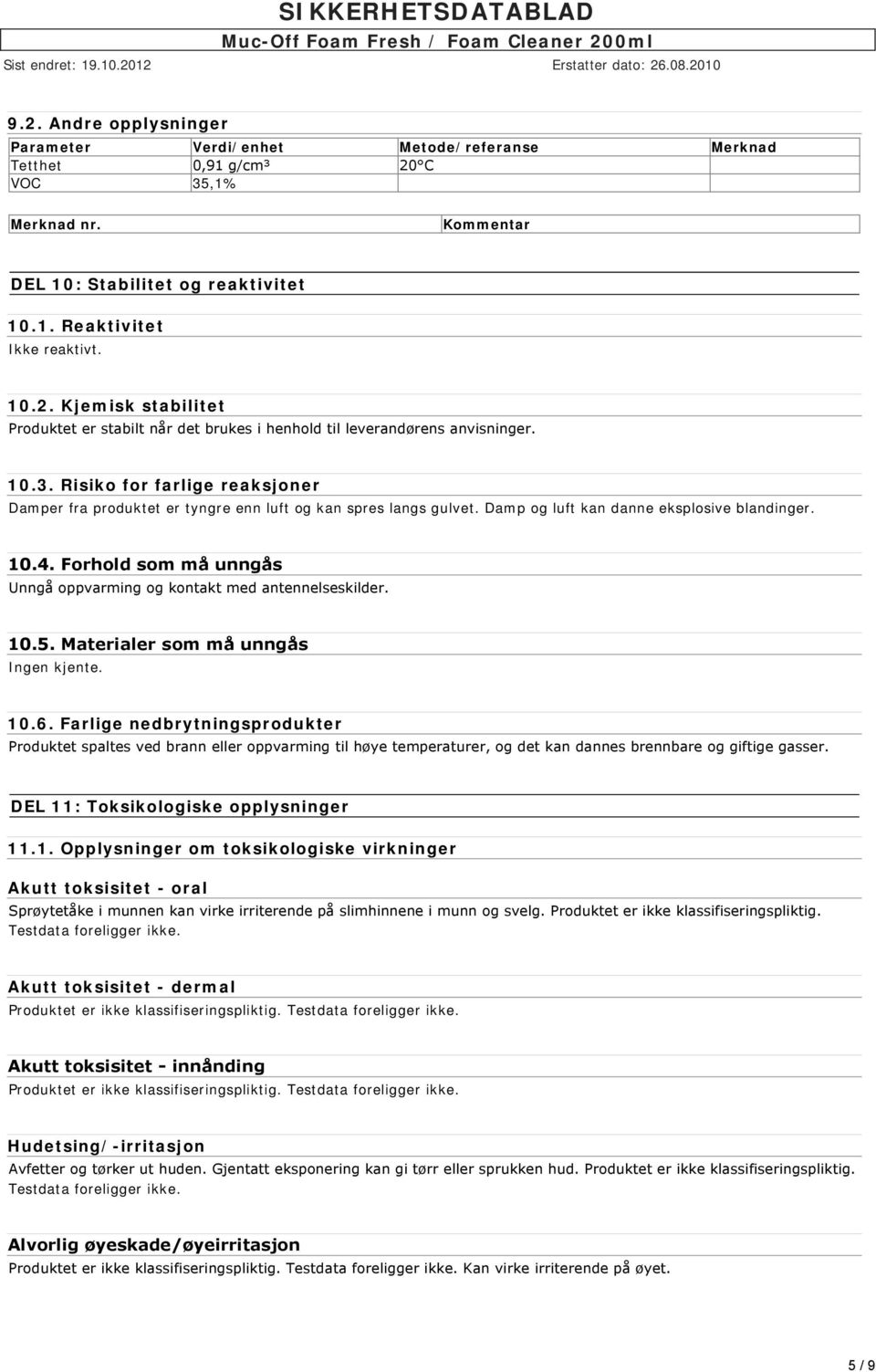 Forhold som må unngås Unngå oppvarming og kontakt med antennelseskilder. 10.5. Materialer som må unngås Ingen kjente. 10.6.