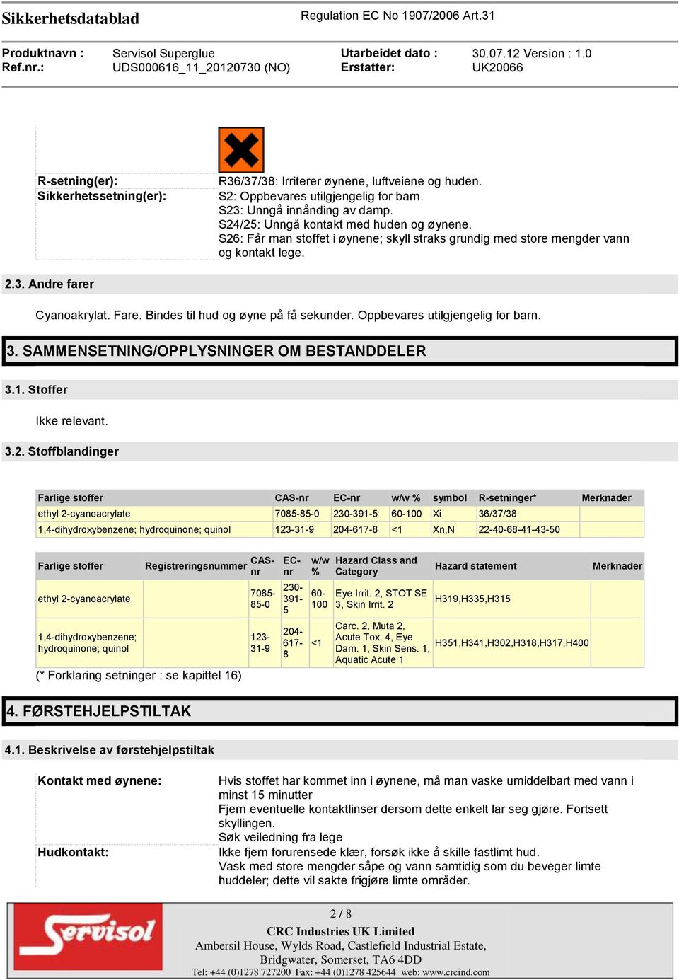 Oppbevares utilgjengelig for barn. 3. SAMMENSETNING/OPPLYSNINGER OM BESTANDDELER 3.1. Stoffer Ikke relevant. 3.2.