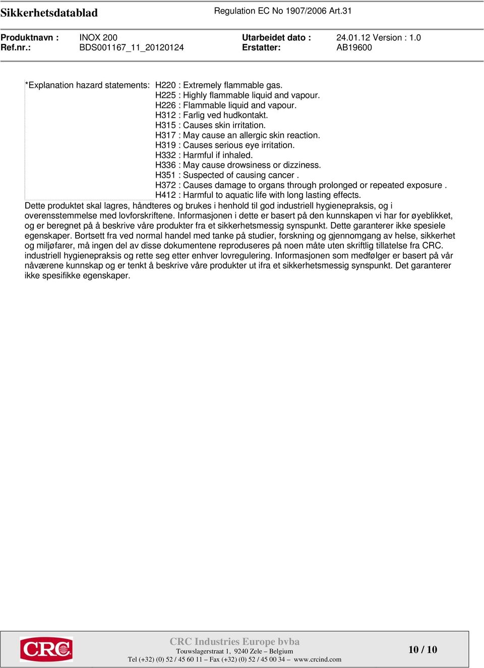 H351 : Suspected of causing cancer. H372 : Causes damage to organs through prolonged or repeated exposure. H412 : Harmful to aquatic life with long lasting effects.