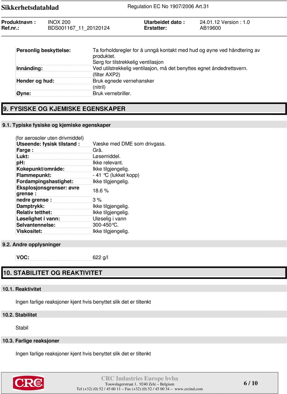 FYSISKE OG KJEMISKE EGENSKAPER 9.1. Typiske fysiske og kjemiske egenskaper (for aerosoler uten drivmiddel) Utseende: fysisk tilstand : Væske med DME som drivgass. Farge : Grå. Lukt: Løsemiddel.