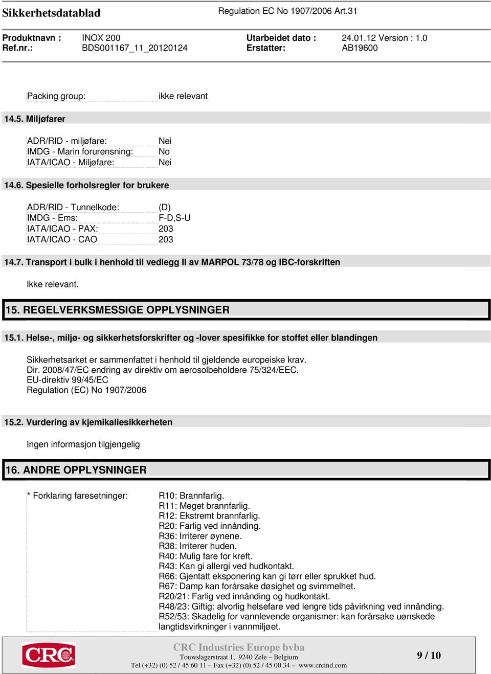 Transport i bulk i henhold til vedlegg II av MARPOL 73/78 og IBC-forskriften Ikke relevant. 15