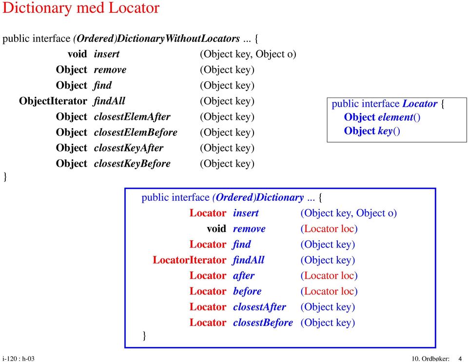 closestelembefore (Object key) Object closestkeyafter (Object key) Object closestkeybefore (Object key) } public interface Locator { Object element() Object key() public interface