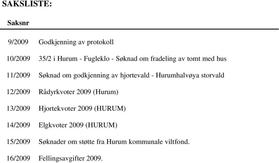 12/2009 Rådyrkvoter 2009 (Hurum) 13/2009 Hjortekvoter 2009 (HURUM) 14/2009 Elgkvoter 2009