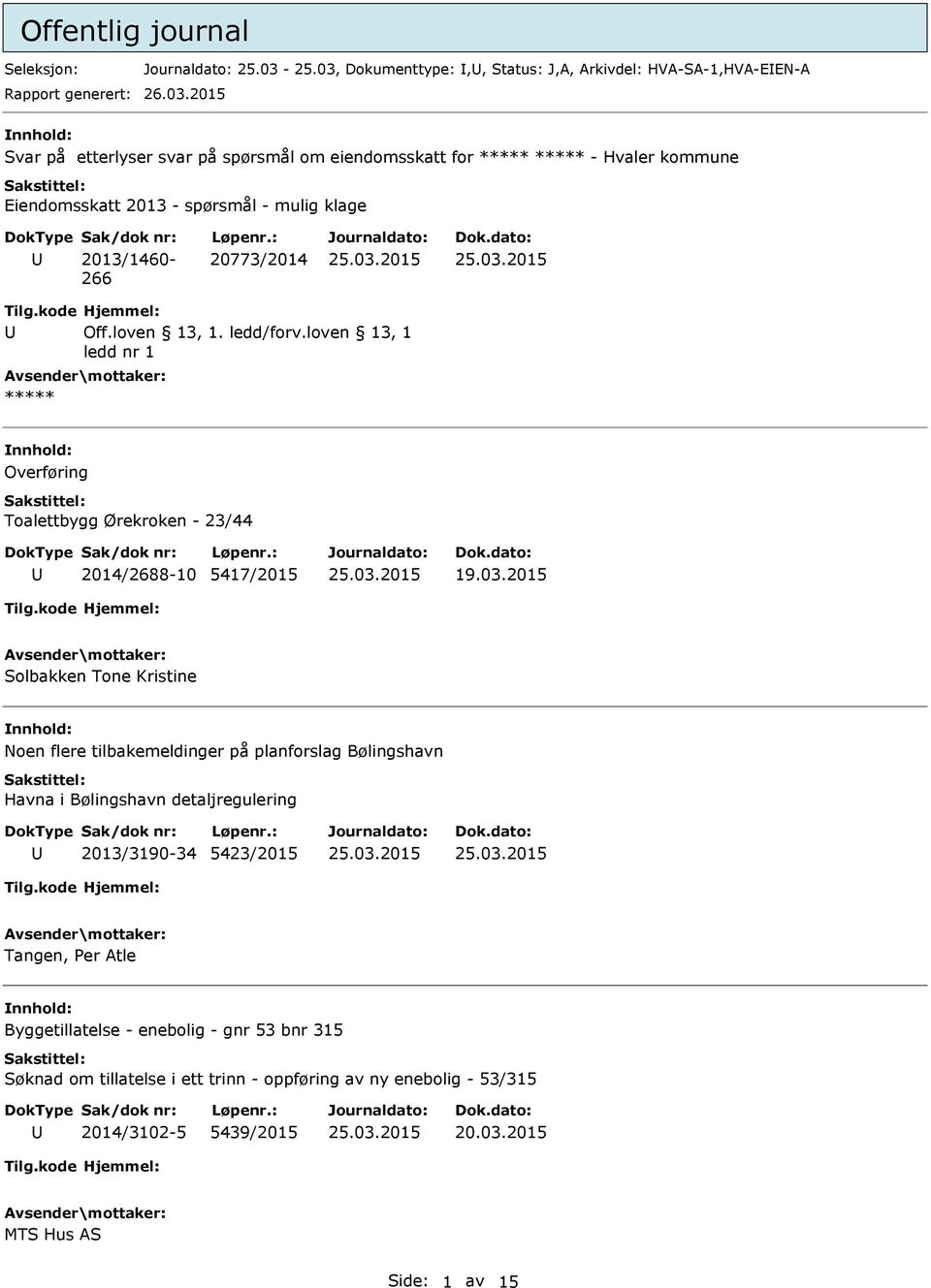 kode Hjemmel: Off.loven 13, 1. ledd/forv.loven 13, 1 ledd nr 1 Overføring Toalettbygg Ørekroken - 23/44 2014/2688-10 5417/2015 19.03.