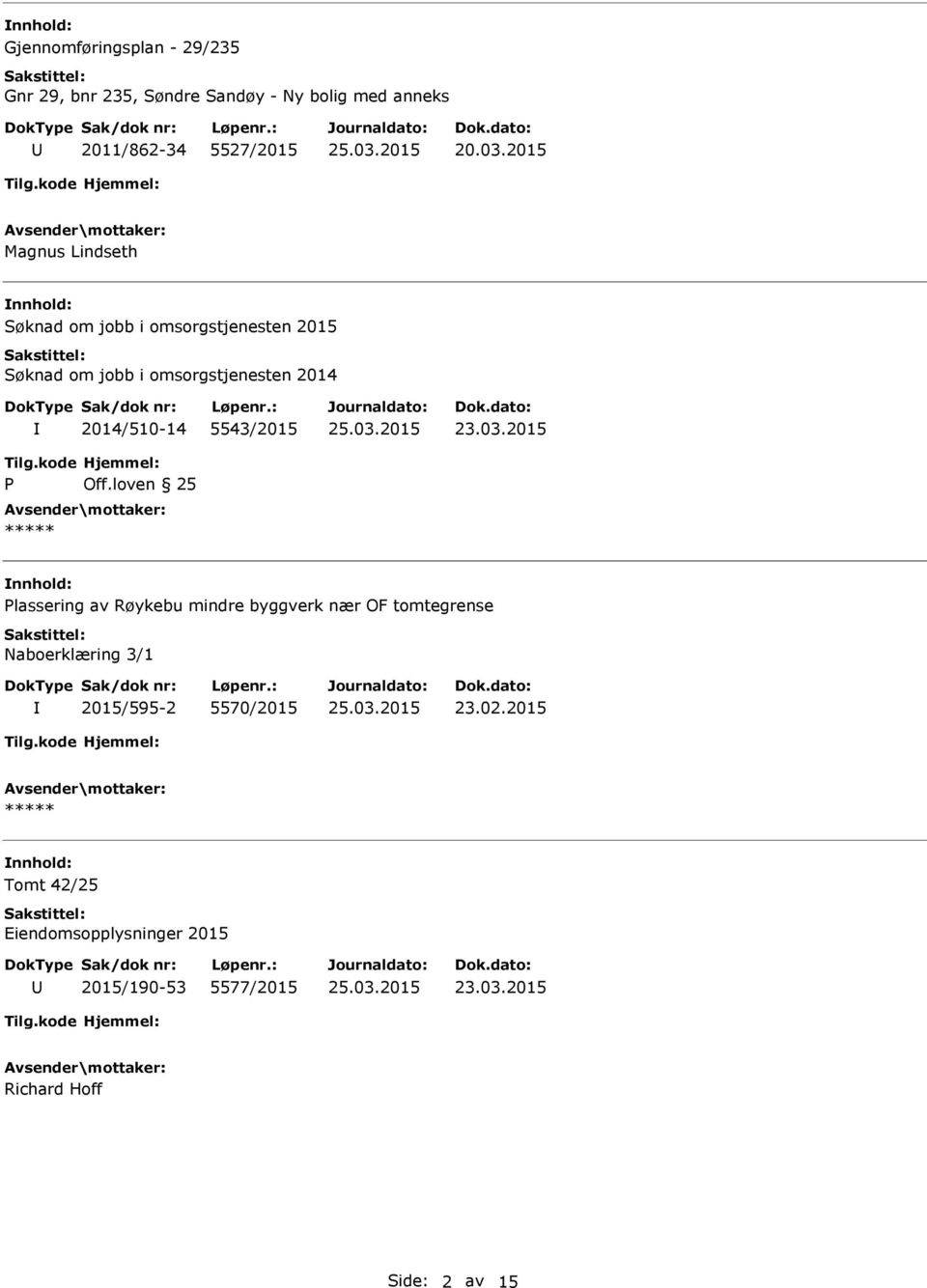 5543/2015 23.03.2015 Tilg.kode P Hjemmel: Off.