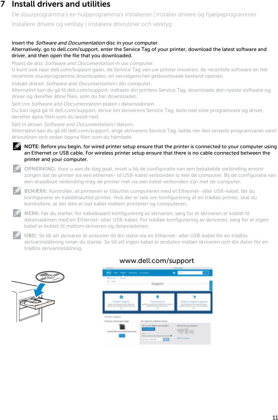 com/support, enter the Service Tag of your printer, download the latest software and driver, and then open the file that you downloaded. Plaats de disc Software and Documentation in uw computer.