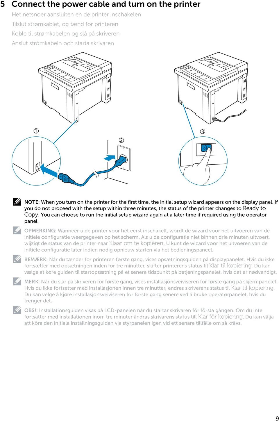 If you do not proceed with the setup within three minutes, the status of the printer changes to Ready to Copy.