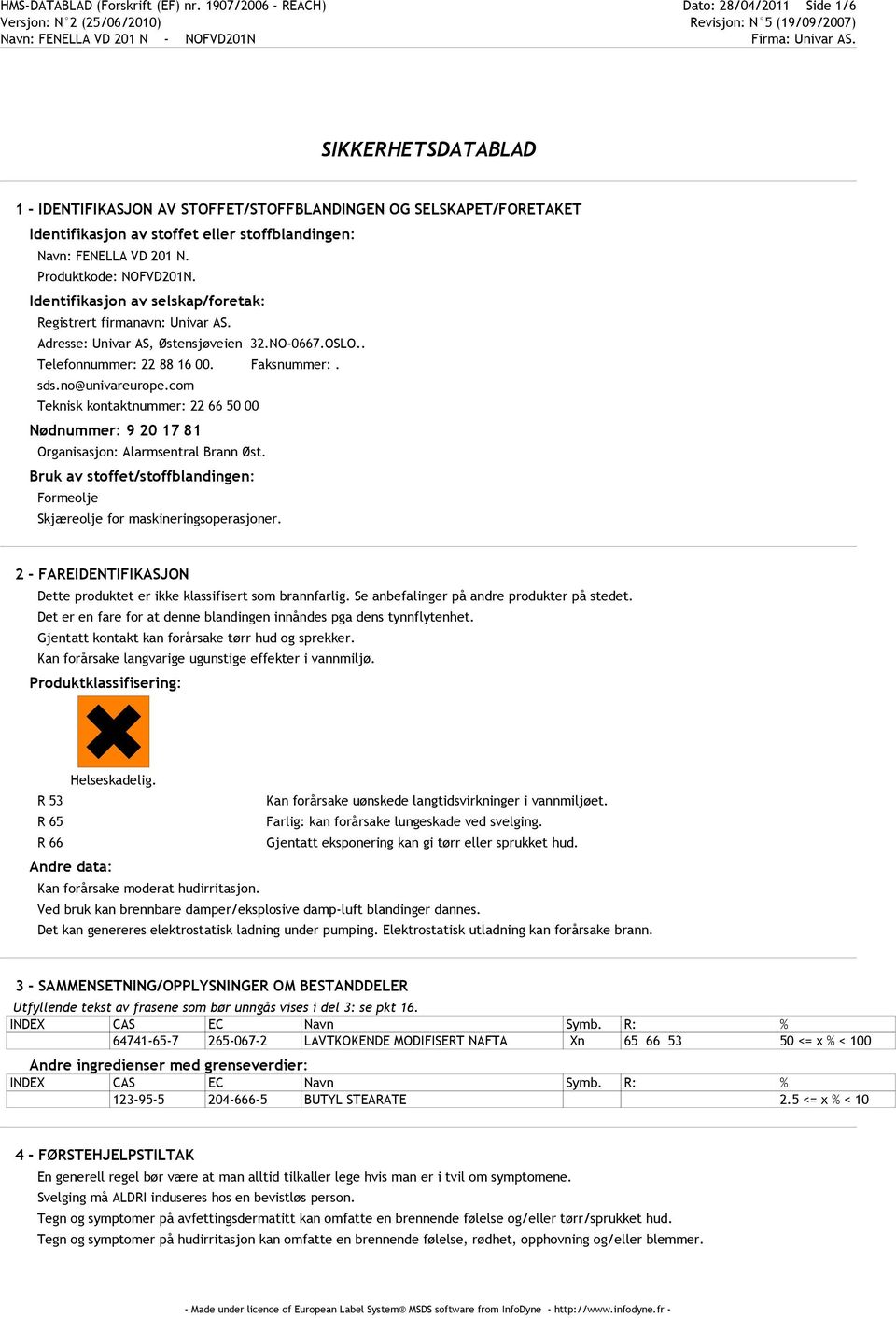 201 N. Produktkode: NOFVD201N. Identifikasjon av selskap/foretak: Registrert firmanavn: Univar AS. Adresse: Univar AS, Østensjøveien 32.NO-0667.OSLO.. Telefonnummer: 22 88 16 00. Faksnummer:. sds.