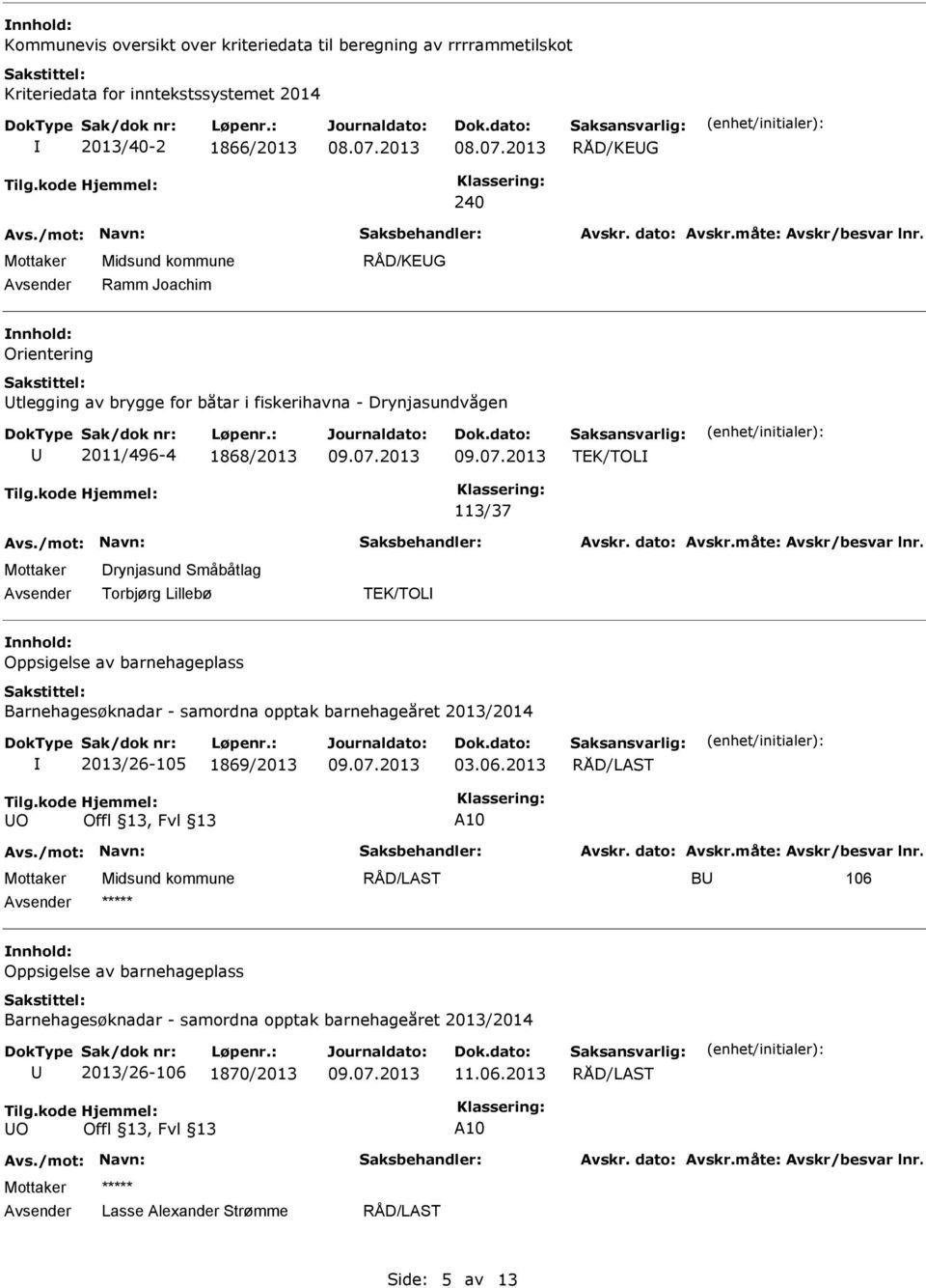 Torbjørg Lillebø TEK/TOL nnhold: Oppsigelse av barnehageplass Barnehagesøknadar - samordna opptak barnehageåret 2013/2014 2013/26-105 1869/2013 03.06.