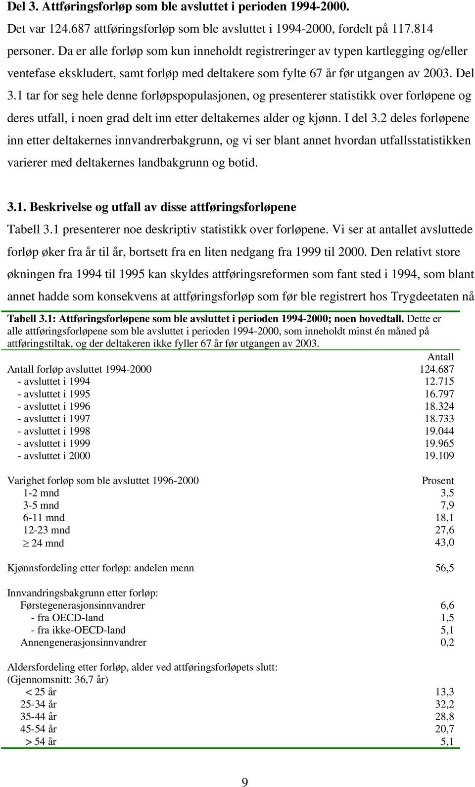 1 tar for seg hele denne forløpspopulasjonen, og presenterer statistikk over forløpene og deres utfall, i noen grad delt inn etter deltakernes alder og kjønn. I del 3.