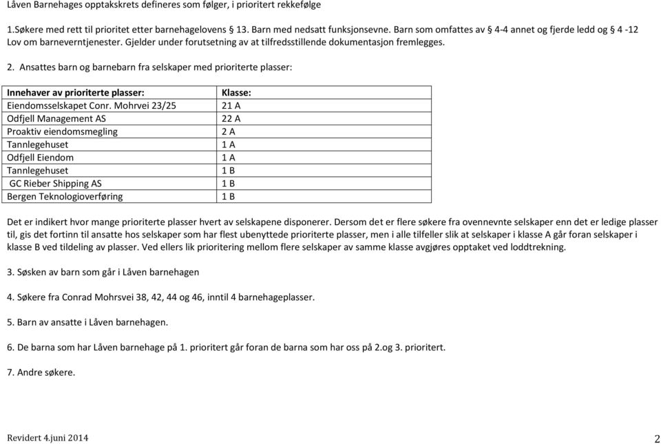 Ansattes barn og barnebarn fra selskaper med prioriterte plasser: Innehaver av prioriterte plasser: Eiendomsselskapet Conr.