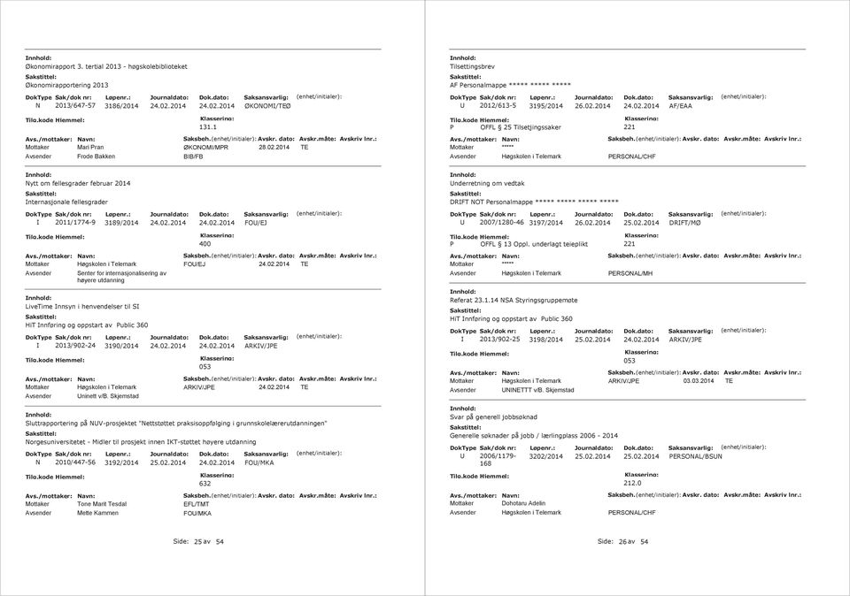 2007/1280-46 3197/2014 DRFT/MØ 400 FO/EJ TE Senter for internasjonalisering av høyere utdanning LiveTime nnsyn i henvendelser til S HiT nnføring og oppstart av Public 360 2013/902-24 3190/2014 053