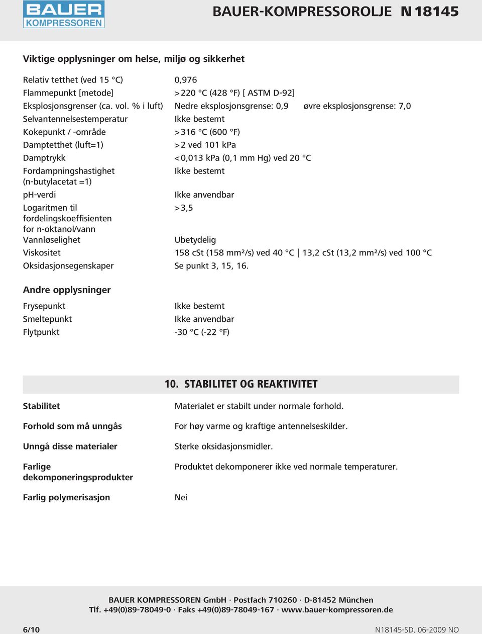 kpa (0,1 mm Hg) ved 20 C Fordampningshastighet Ikke bestemt (n-butylacetat =1) ph-verdi Ikke anvendbar Logaritmen til > 3,5 fordelingskoeffisienten for n-oktanol/vann Vannløselighet Ubetydelig