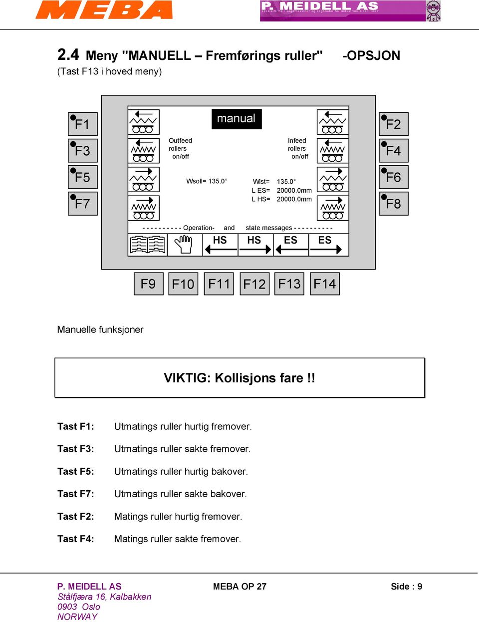 0mm F6 F8 - - - - - - - - - - Operation- and state messages - - - - - - - - - - HS HS ES ES F9 F10 F11 F12 F13 F14 Manuelle funksjoner VIKTIG: Kollisjons fare!