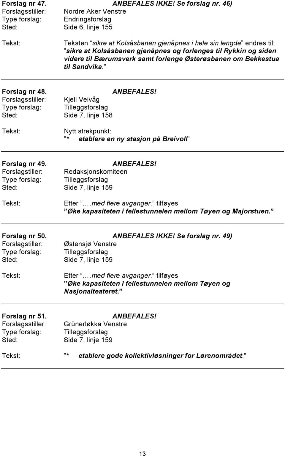 Østerøsbanen om Bekkestua til Sandvika. Forslag nr 48. Forslagsstiller: Kjell Veivåg Sted: Side 7, linje 158 Nytt strekpunkt: * etablere en ny stasjon på Breivoll Forslag nr 49.